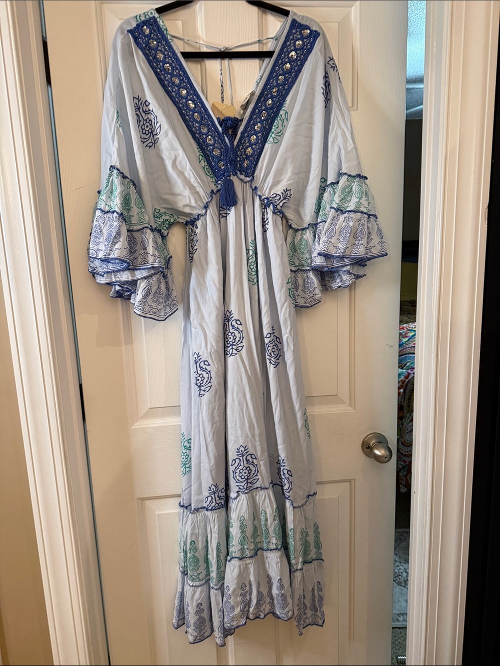 Zury Bohemian Embroidered V-Neck Maxi Dress in Light Blue